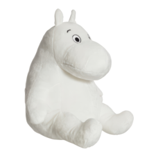 Plüschfigur eines weißen Mumin mit großen Augen und runden Ohren, sitzend auf einem neutralen Hintergrund.