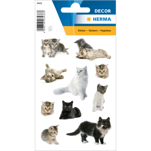 Aufkleber mit verschiedenen Katzenmotiven, darunter Kätzchen und ausgewachsene Katzen in unterschiedlichen Posen und Farben.