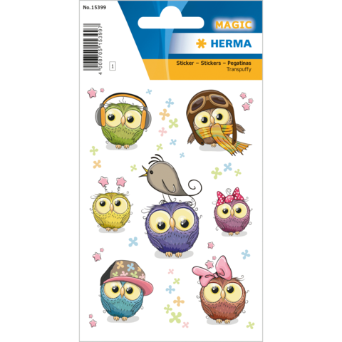 Bunte Eulen-Sticker in verschiedenen Designs, darunter Eulen mit Kopfhörern, einer Fliegerbrille und einer Schleife.