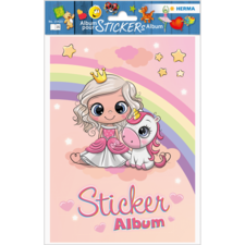 Ein Mädchen mit einer Krone umarmt ein Einhorn vor einem bunten Regenbogen. Oben steht "Sticker Album".