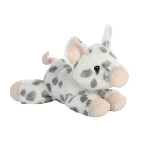 Plüschschwein mit weißen und grauen Flecken, liegend mit rosa Ohren und Schnauze, auf einem neutralen Hintergrund.