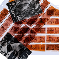Filmstreifen mit verschiedenen Fotografien, darunter Porträts und Szenen aus dem Alltag, in orangefarbener Färbung.