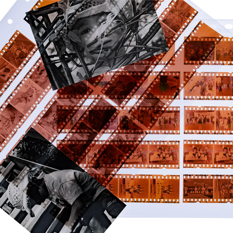 Filmstreifen mit verschiedenen Fotografien, darunter Porträts und Szenen aus dem Alltag, in orangefarbener Färbung.