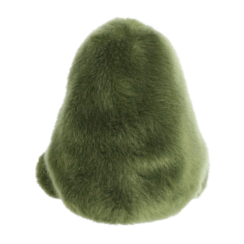 Grünes, pelziges Kissen in Form einer Avocado, von hinten betrachtet.