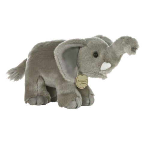 Plüsch-Elefant in grauer Farbe mit einem kleinen Anhänger. Der Elefant hat große Ohren und einen langen Rüssel.