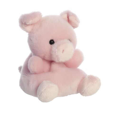 Ein rosa Plüschschwein mit runden Ohren und einem süßen Gesicht, das aufrecht sitzt und eine weiche, runde Form hat.
