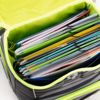 Von oben fotografierter Schulranzen mit Sammelmappen