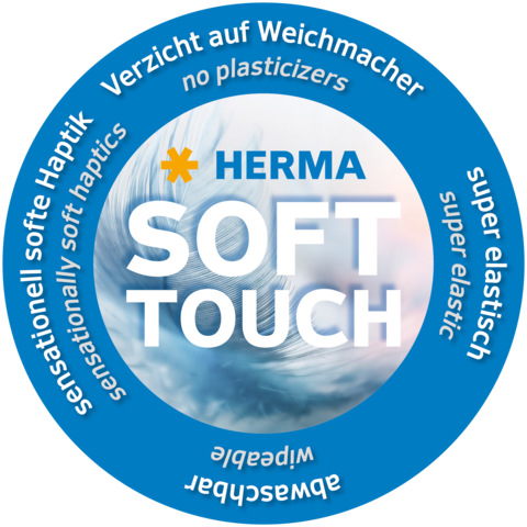 Rundes Logo mit dem Text "HERMA SOFT TOUCH", das auf weiche Haptik, Elastizität und das Fehlen von Weichmachern hinweist.