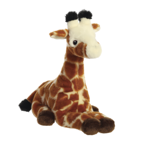 Plüschgiraffe mit braunem und beigem Fell, großen Augen und schwarzen Punkten auf dem Kopf, sitzt aufrecht.