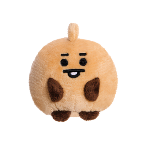 Runder, plüschiger Charakter mit einem lächelnden Gesicht, braunen Füßen und einem kleinen Schwanz.