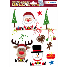 Weihnachtliche Fensterdekoration mit Santa, einem Rentier, einem Schneemann, Weihnachtsbäumen, Sternen und Geschenken.
