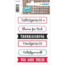 Selbstklebende Etiketten mit verschiedenen Beschriftungen wie "Selbstgemacht", "Blumen für Dich" und "Überraschung".