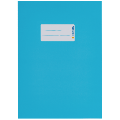 Türkisfarbener Ordner mit einem weißen Etikett oben rechts, auf dem "HERMA" steht.