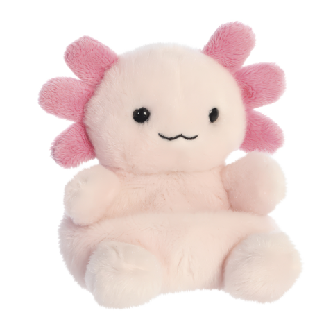 Kuscheltier in Form eines Axolotls, rosa mit schwarzen Augen und rosa Kiemen, sitzt aufrecht mit einem freundlichen Ausdruck.