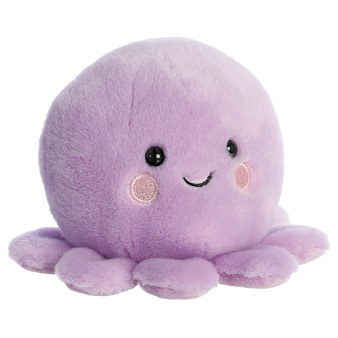 Lila Plüsch-Oktopus mit einem lächelnden Gesicht und runden Augen, auf einem weißen Hintergrund.