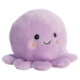 Lila Plüsch-Oktopus mit einem lächelnden Gesicht und runden Augen, auf einem weißen Hintergrund.