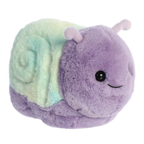 Kuschelsnail in lila und mintgrün, mit großen Augen und einem lächelnden Gesicht, hat eine spiralförmige Muschel.