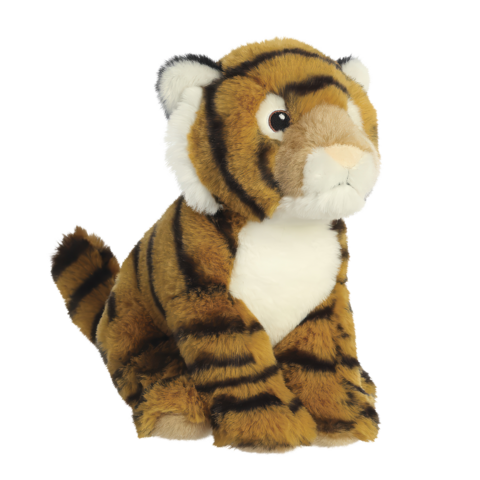 Plüsch-Tiger mit braunem Fell und schwarzen Streifen, sitzt aufrecht mit einem weißen Bauch und großen, runden Augen.