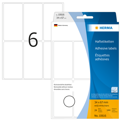 Haftetiketten von Herma, 34 x 67 mm, 24 Stück, auf der Verpackung ist die Nummer 6 sichtbar.