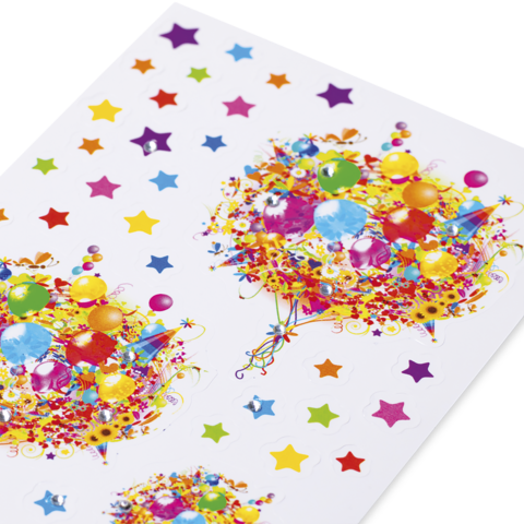 Bunte Aufkleber mit verschiedenen Formen, darunter Sterne und Kreise, in lebhaften Farben auf weißem Hintergrund.