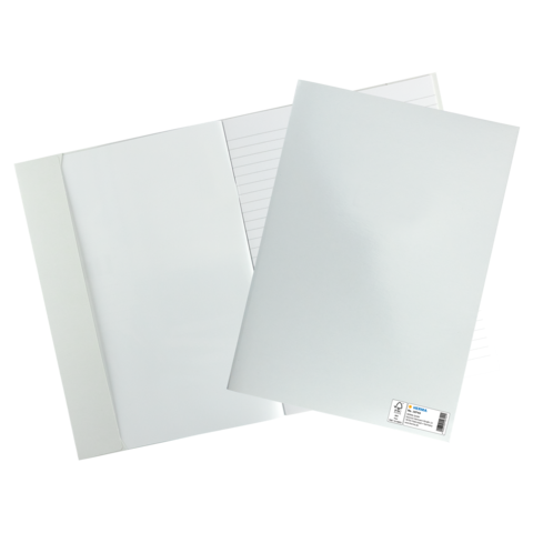 Ein leeres, weißes Ordnerset mit einem linierten Blatt und einer glatten, weißen Oberfläche.