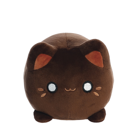 Runder, brauner Plüschkater mit großen Augen und kleinen Ohren, der eine niedliche, freundliche Ausstrahlung hat.