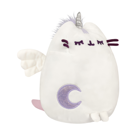 Plüschfigur eines Einhorns mit Flügeln, lila Mähne und einem Mondsymbol auf der Seite.