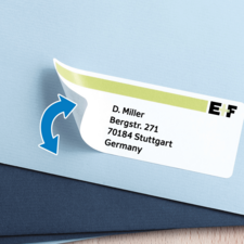 Visitenkarte mit dem Namen D. Miller, Adresse Bergstraße 271, 70184 Stuttgart, Deutschland und dem Logo von EF.