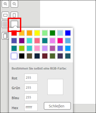 Farbauswahl-Tool mit RGB-Werten und einer Palette von Farben, um eine benutzerdefinierte Farbe auszuwählen.