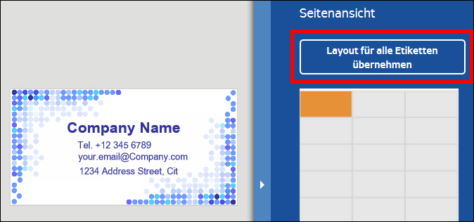 Visitenkarte mit Unternehmensinformationen, einschließlich Name, Telefonnummer, E-Mail und Adresse, neben einer Schaltfläche zur Layoutübernahme für Etiketten.