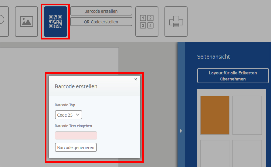Ein Fenster zur Erstellung eines Barcodes mit Optionen für den Barcode-Typ und Eingabefeld für den Barcode-Text.