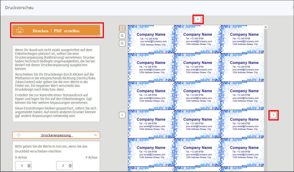 Druckvorschau für Visitenkarten mit Platzhaltern für Unternehmensnamen und Optionen zum Drucken oder Erstellen eines PDFs.