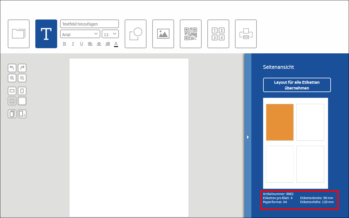 Layout-Ansicht eines Etikettendesign-Programms mit Optionen für Schriftart, Textgröße und Seitenformat. Rechts sind Etikettenvorschau und Maße angegeben.