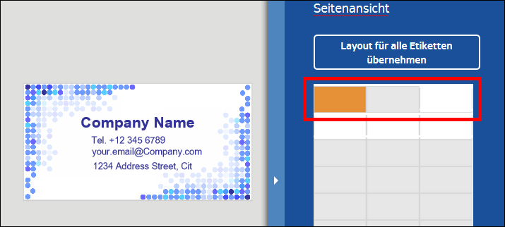 Visitenkarte mit Unternehmensname, Kontaktdaten und Adresse. Rechts eine Übersicht zur Layoutanpassung für Etiketten.