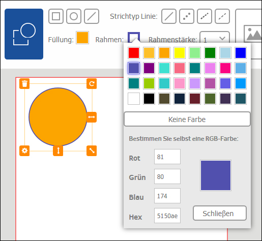 Ein orangefarbener Kreis mit Symbolen für Einstellungen, umgeben von Farbauswahloptionen und RGB-Wertfeldern in einer grafischen Benutzeroberfläche.