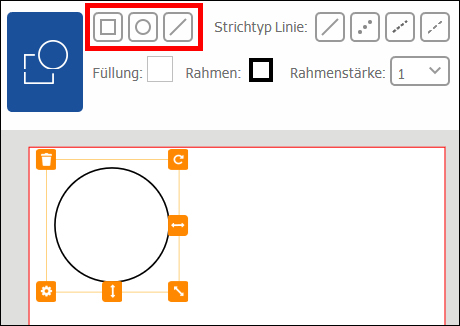 Werkzeugleiste mit verschiedenen Formen (Rechteck, Kreis) und Linienarten. Untere Leiste zeigt ein ausgewähltes Kreisobjekt mit Bearbeitungsoptionen.