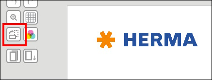 Symbol für den Druckbefehl in einer Softwareanwendung, daneben das Logo von HERMA in blauer Schrift auf weißem Hintergrund.