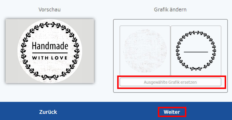 Vorschau einer Grafik mit dem Text "Handmade with Love" in einem dekorativen Rahmen. Optionen zum Ändern der Grafik sind sichtbar.