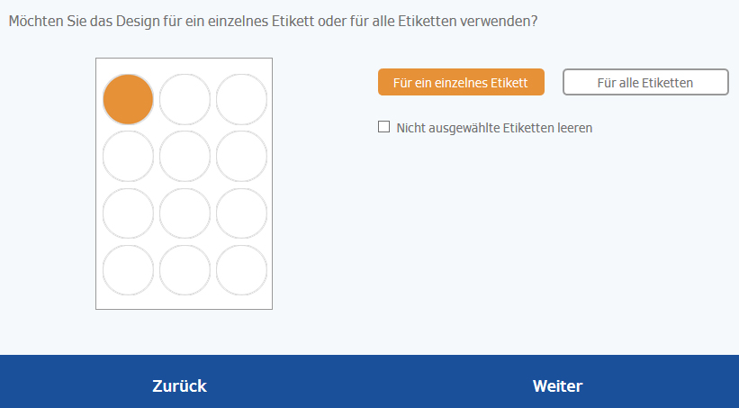 Designoptionen für Etiketten: Auswahl zwischen einem einzelnen Etikett oder allen Etiketten. Eine orangefarbene Markierung ist sichtbar.