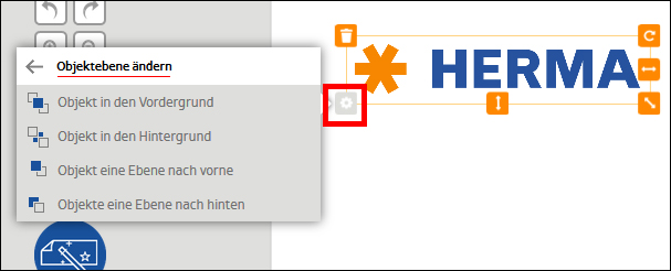Menü zur Änderung der Objektebene mit Optionen für Vordergrund und Hintergrund, neben dem Wort "HERMA" in blauer Schrift.