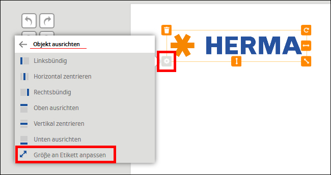 Menü zur Ausrichtung von Objekten mit Optionen wie "Links bündig" und "Größe an Etikett anpassen", neben dem HERMA-Logo.