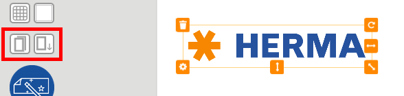 Grafische Darstellung von Symbolen und dem Logo von HERMA in blauer Schrift, umgeben von verschiedenen Icons.