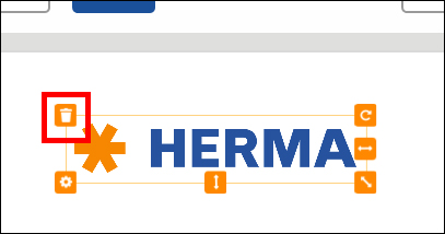 Ein Mülleimer-Symbol in rotem Quadrat neben dem Logo "HERMA" und verschiedenen Werkzeug-Symbolen.