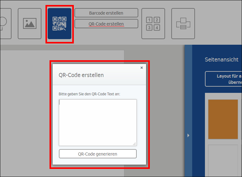 Fenster zur Erstellung eines QR-Codes mit Eingabefeld für den QR-Code-Text und Schaltfläche zum Generieren des Codes.