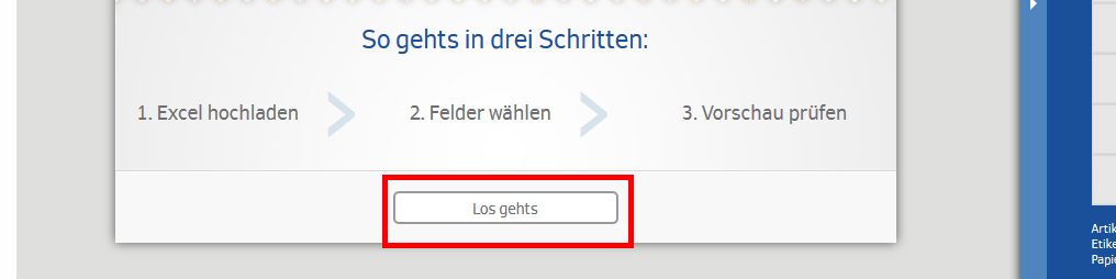 Anleitung in drei Schritten: Excel hochladen, Felder wählen, Vorschau prüfen. Schaltfläche „Los geht's“ hervorgehoben.