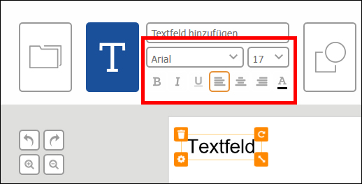 Textbearbeitungswerkzeug mit Schriftart- und Größenoptionen, einschließlich fett, kursiv und Textfeld hinzufügen.