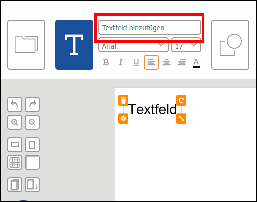 Ein Textfeld mit der Aufforderung "Textfeld hinzufügen" in einer grafischen Benutzeroberfläche für Textverarbeitung.