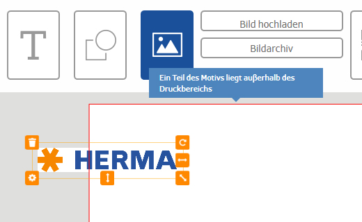 Ein grafisches Design-Tool zeigt den Text "HERMA" und eine Warnung, dass ein Teil des Motivs außerhalb des Druckbereichs liegt.