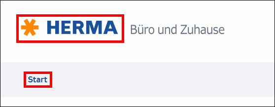 HERMA-Logo mit dem Slogan "Büro und Zuhause" und einem hervorgehobenen Button mit der Aufschrift "Start".