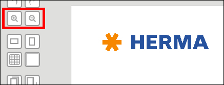 Such- und Zoom-Symbole in rotem Rahmen neben dem Logo von HERMA.